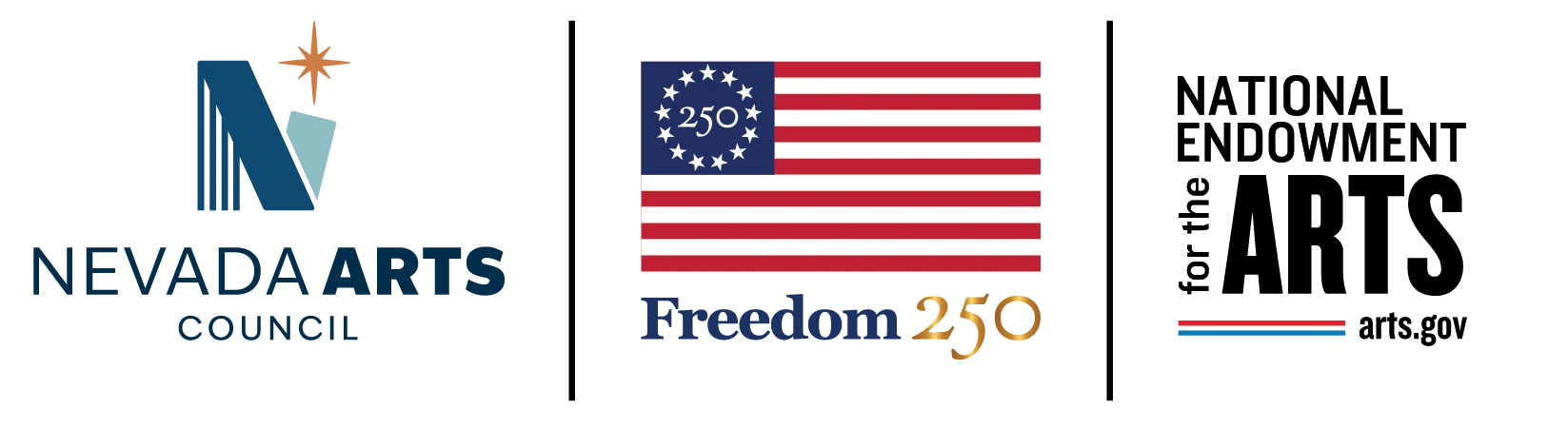 Nevada Arts Council, NEA, and Freedom 250 logos